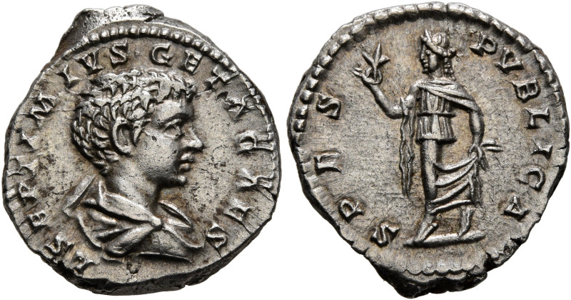 Geta, as Caesar, 198-209. Denarius (Silver, 18 mm, 4.03 g, 6 h), Rome, 198. L SE...