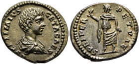 Geta, as Caesar, 198-209. Denarius (Silver, 19 mm, 3.45 g, 11 h), Laodicea ad Mare, 198. L SEPTIMIVS GETA CAES Bare-headed, draped and cuirassed bust ...