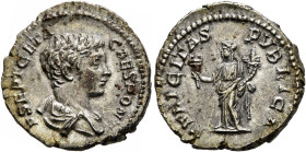 Geta, as Caesar, 198-209. Denarius (Silver, 18 mm, 3.56 g, 12 h), Rome, 198-200. P SEPT GETA CAES PONT Bare-headed and draped bust of Geta to right, s...