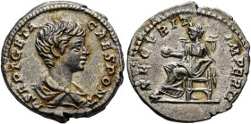 Geta, as Caesar, 198-209. Denarius (Silver, 18 mm, 3.56 g, 6 h), Rome, 199. P SEPT GETA CAES PONT. Rev. SECVRIT IMPERII Securitas seated left, holding...