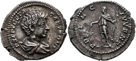 Geta, as Caesar, 198-209. Denarius (Silver, 21 mm, 3.01 g, 7 h), Rome, 199. P SEPT GETA CAES PONT Bare-headed and draped bust of Geta to right, seen f...