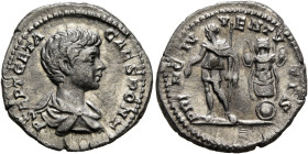 Geta, as Caesar, 198-209. Denarius (Silver, 18 mm, 3.24 g, 12 h), Rome, 200-202. P SEPT GETA CAES PONT Bare-headed and draped bust of Geta to right, s...