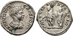 Geta, as Caesar, 198-209. Denarius (Silver, 18 mm, 3.15 g, 12 h), Rome, 201-202. P SEPT GETA CAES PONT Bare-headed and draped bust of Geta to right, s...