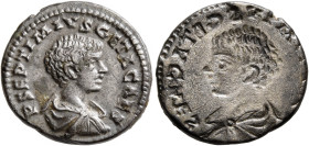 Geta, as Caesar, 198-209. Denarius (Silver, 19 mm, 3.46 g, 12 h), brockage mint error, Laodicea ad Mare, 202-203. P SEPTIMIVS GETA CAES Bare-headed, d...
