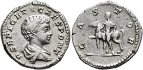 Geta, as Caesar, 198-209. Denarius (Silver, 17 mm, 3.14 g, 12 h), Rome, 203. P SEPT GETA CAES PONT Bare-headed and draped bust of Geta to right, seen ...