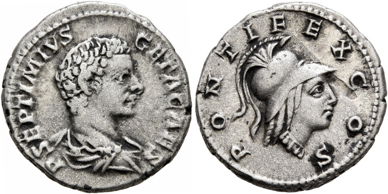 Geta, as Caesar, 198-209. Denarius (Silver, 18 mm, 3.44 g, 12 h), Rome, 206-207....
