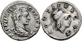 Geta, as Caesar, 198-209. Denarius (Silver, 18 mm, 3.44 g, 12 h), Rome, 206-207. P SEPTIMIVS GETA CAES Bare-headed and draped bust of Geta to right, s...