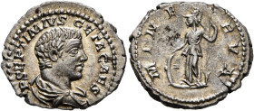 Geta, as Caesar, 198-209. Denarius (Silver, 19 mm, 3.33 g, 6 h), Rome, 206-207. P SEPTIMIVS GETA CAES Bare-headed and draped bust of Geta to right, se...