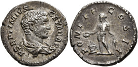 Geta, 209-211. Denarius (Silver, 18 mm, 3.00 g, 6 h), Rome, early 209. P SEPTIMIVS GETA CAES Bare head and draped bust of Geta to right, seen from beh...