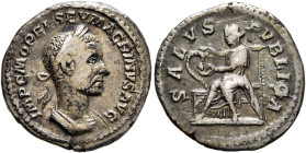 Macrinus, 217-218. Denarius (Silver, 18 mm, 3.11 g, 6 h), Rome, spring-summer 217. IMP C M OPEL SEV MACRINVS AVG Laureate and cuirassed bust of Macrin...