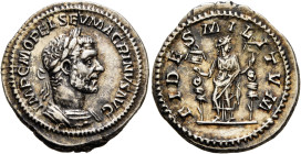 Macrinus, 217-218. Denarius (Silver, 20 mm, 3.23 g, 6 h), Rome, spring-summer 217. IMP C M OPEL SEV MACRINVS AVG Laureate and cuirassed bust of Macrin...