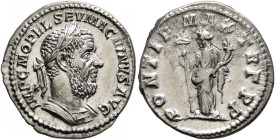 Macrinus, 217-218. Denarius (Silver, 19 mm, 3.31 g, 6 h), Rome, summer 217-early 218. IMP C M OPEL SEV MACRINVS AVG Laureate and cuirassed bust of Mac...