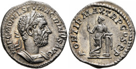 Macrinus, 217-218. Denarius (Silver, 19 mm, 3.08 g, 6 h), Rome, summer 217-early 218. IMP C M OPEL SEV MACRINVS AVG Laureate and cuirassed bust of Mac...