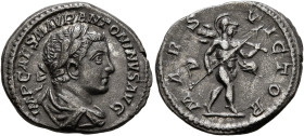 Elagabalus, 218-222. Denarius (Silver, 18 mm, 3.18 g, 6 h), Rome, 218-219. IMP CAES M AVR ANTONINVS AVG Laureate and draped bust of Elagabalus to righ...