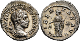 Elagabalus, 218-222. Denarius (Silver, 20 mm, 2.76 g, 12 h), Rome, 220-222. IMP ANTONINVS PIVS AVG Laureate and draped bust of Elagabalus to right, se...