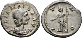 Julia Maesa, Augusta, 218-224/5. Denarius (Silver, 20 mm, 3.34 g, 11 h), Rome, 219. IVLIA MAESA AVG Draped bust of Julia Maesa to right. Rev. IVNO Jun...