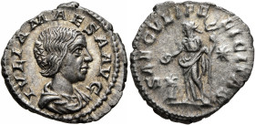Julia Maesa, Augusta, 218-224/5. Denarius (Silver, 19 mm, 2.87 g, 1 h), Rome, 220-221. IVLIA MAESA AVG Draped bust of Julia Maesa to right. Rev. SAECV...