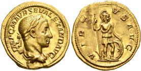 Severus Alexander, 222-235. Aureus (Gold, 20 mm, 6.70 g, 6 h), Rome, 225. IMP C M AVR SEV ALEXAND AVG Laureate and draped bust of Severus Alexander to...