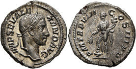 Severus Alexander, 222-235. Denarius (Silver, 19 mm, 3.15 g, 7 h), Rome, 229. IMP SEV ALEXAND AVG Laureate head of Severus Alexander to right. Rev. P ...