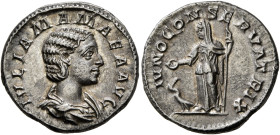 Julia Mamaea, Augusta, 222-235. Denarius (Silver, 18 mm, 3.30 g, 12 h), Rome, 222. IVLIA MAMAEA AVG Draped bust of Julia Mamaea to right. Rev. IVNO CO...