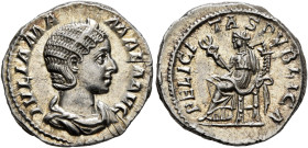 Julia Mamaea, Augusta, 222-235. Denarius (Silver, 19 mm, 4.01 g, 7 h), Rome, 230. IVLIA MAMAEA AVG Diademed and draped bust of Julia Mamaea to right. ...