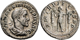 Maximinus I, 235-238. Denarius (Silver, 19 mm, 3.00 g, 6 h), Rome, 236. IMP MAXIMINVS PIVS AVG Laureate, draped and cuirassed bust of Maximinus I to r...