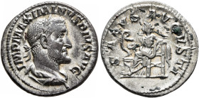 Maximinus I, 235-238. Denarius (Silver, 19 mm, 3.20 g, 12 h), Rome, 236. IMP MAXIMINVS PIVS AVG Laureate, draped and cuirassed bust of Maximinus I to ...