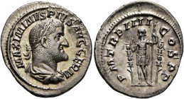 Maximinus I, 235-238. Denarius (Silver, 21 mm, 2.93 g, 1 h), Rome, 238. MAXIMINVS PIVS AVG GERM Laureate and draped bust of Maximinus I to right, seen...