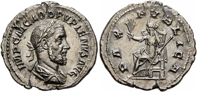 Pupienus, 238. Denarius (Silver, 19 mm, 2.75 g, 12 h), Rome, circa April-June 23...