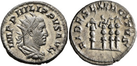 Philip I, 244-249. Antoninianus (Silver, 20 mm, 4.07 g, 1 h), Rome, 249. IMP PHILIPPVS AVG Radiate, draped and cuirassed bust of Philip I to right, se...