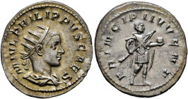 Philip II, as Caesar, 244-247. Antoninianus (Silver, 23 mm, 4.61 g, 7 h), Rome, 245. M IVL PHILIPPVS CAES Radiate and draped bust of Philip II to righ...