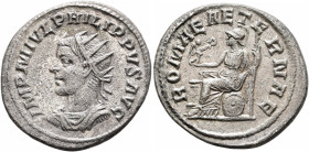 Philip II, 247-249. Antoninianus (Silver, 22 mm, 4.11 g, 12 h), Antiochia, 248-249. IMP M IVL PHILIPPVS AVG Radiate, draped and cuirassed bust of Phil...
