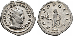 Valerian I, 253-260. Antoninianus (Silver, 22 mm, 3.00 g, 12 h), Viminacium, 255. IMP VALERIANVS P AVG Radiate, draped and cuirassed bust of Valerian ...