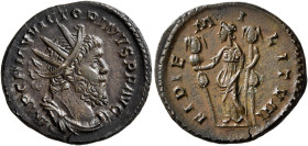 Victorinus, Romano-Gallic Emperor, 269-271. Antoninianus (Bronze, 20 mm, 3.00 g, 12 h), Treveri, late 269. IMP C PIAV VICTORINVS P F AVG Radiate, drap...
