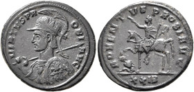 Probus, 276-282. Antoninianus (Bronze, 22 mm, 3.94 g, 6 h), Siscia, 277. VIRTVS PROBI AVG Radiate, helmeted and cuirassed bust of Probus to left, hold...