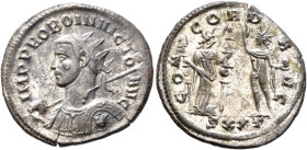 Probus, 276-282. Antoninianus (Silvered bronze, 23 mm, 3.79 g, 5 h), Ticinum, 277-278. IMP PROBO INVICTO AVG Radiate and cuirassed bust of Probus to l...