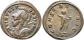 Probus, 276-282. Antoninianus (Bronze, 23 mm, 3.80 g, 12 h), Ticinum, 278. VIRTVS PROBI AVG Radiate, helmeted and cuirassed bust of Probus to left, ho...