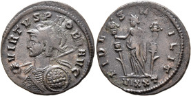Probus, 276-282. Antoninianus (Bronze, 23 mm, 3.43 g, 12 h), Ticinum, 278. VIRTVS PROBI AVG Radiate, helmeted and cuirassed bust of Probus to left, we...