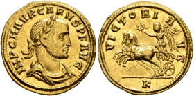 Carus, 282-283. Aureus (Gold, 20 mm, 4.60 g, 6 h), Cyzicus, late 282-early 283. IMP C M AVR CARVS P F AVG Laureate, draped and cuirassed bust of Carus...