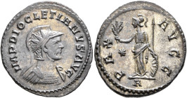 Diocletian, 284-305. Antoninianus (Silvered bronze, 23 mm, 3.54 g, 12 h), Lugdunum, 293. IMP DIOCLETIANVS AVG Radiate, helmeted and cuirassed bust of ...
