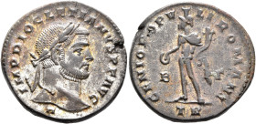 Diocletian, 284-305. Follis (Silvered bronze, 25 mm, 8.87 g, 12 h), Treveri, circa 296-297. IMP DIOCLETIANVS P F AVG Laureate head of Diocletian to ri...
