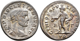 Diocletian, 284-305. Follis (Silvered bronze, 26 mm, 8.99 g, 11 h), Treveri, circa 296-297. IMP DIOCLETIANVS AVG Laureate head of Diocletian to right....