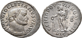 Diocletian, 284-305. Follis (Silvered bronze, 28 mm, 10.21 g, 6 h), Lugdunum, circa 301-303. IMP C DIOCLETIANVS P F AVG Laureate and cuirassed bust of...