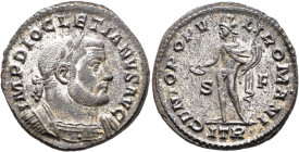 Diocletian, 284-305. Follis (Silvered bronze, 27 mm, 9.78 g, 1 h), Treveri, circa 302-303. IMP DIOCLETIANVS AVG Laureate and cuirassed bust of Dioclet...