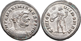 Maximianus, first reign, 286-305. Follis (Silvered bronze, 28 mm, 8.88 g, 6 h), Londinium, circa 296-297. IMP C MAXIMIANVS P F AVG Laureate and cuiras...