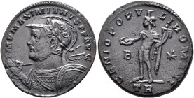 Maximianus, first reign, 286-305. Follis (Bronze, 26 mm, 8.68 g, 12 h), Treveri, circa 298-299. IMP MAXIMIANVS P F AVG Laureate, helmeted and cuirasse...
