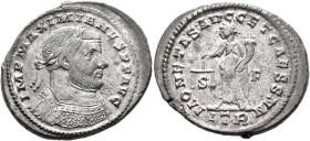 Maximianus, first reign, 286-305. Follis (Silvered bronze, 30 mm, 10.61 g, 6 h), Treveri, circa 302-303. IMP MAXIMIANVS P F AVG Laureate and cuirassed...
