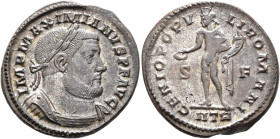 Maximianus, first reign, 286-305. Follis (Silvered bronze, 27 mm, 9.46 g, 6 h), Treveri, circa 302-303. IMP MAXIMIANVS P F AVG Laureate and cuirassed ...