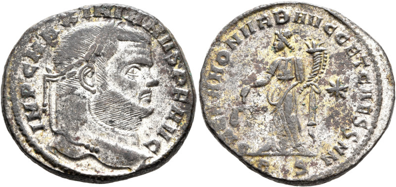 Maximianus, first reign, 286-305. Follis (Silvered bronze, 27 mm, 11.48 g, 5 h),...