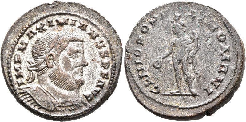 Maximianus, first reign, 286-305. Follis (Silvered bronze, 28 mm, 11.07 g, 7 h),...